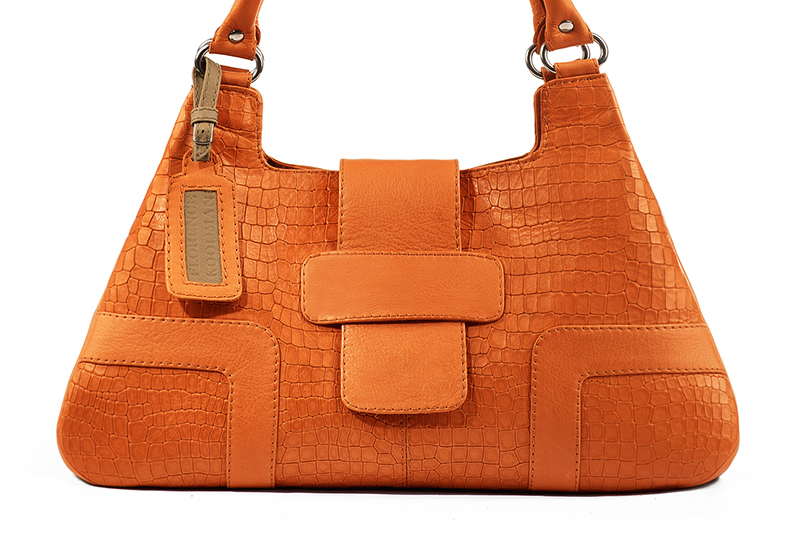Apricot orange women's dress handbag, matching pumps and belts. Profile view - Florence KOOIJMAN
